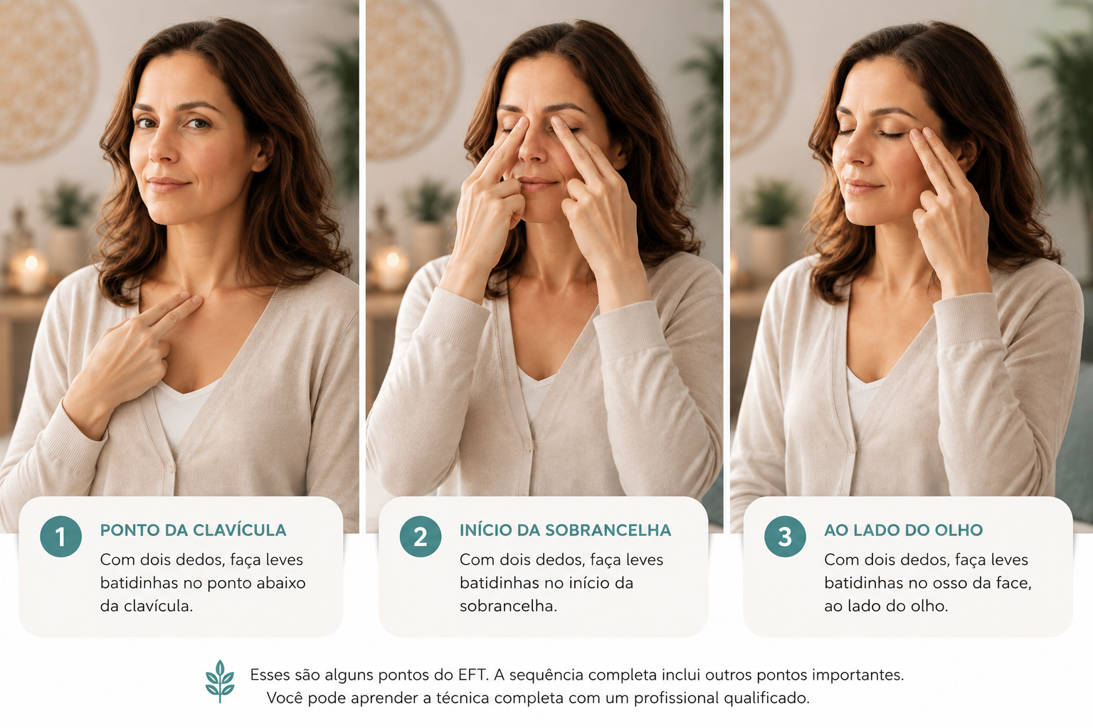Pontos de EFT Tapping utilizados na Técnica de Libertação Emocional. Mulher em três poses, tocando rosto e apontando pontos de EFT, com instruções em caixas.