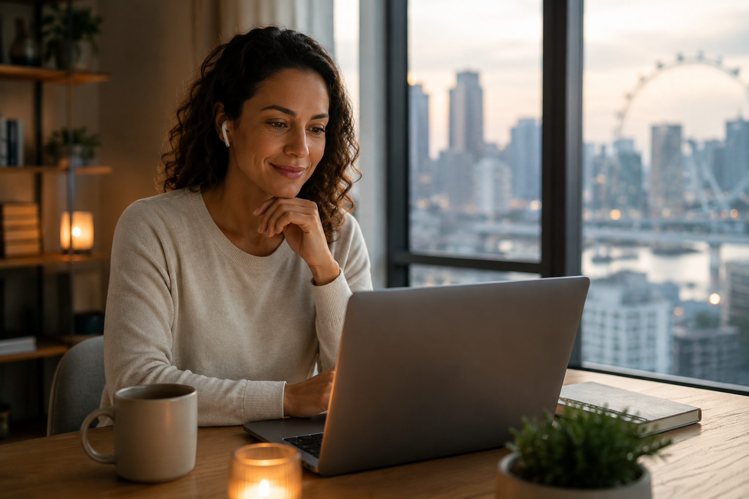 Brasileira em atendimento terapêutico online no exterior. Mulher em notebook fazendo terapia, com uma terapeuta brasileira.